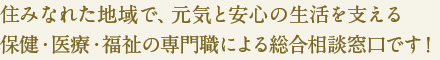 住みなれた地域で、元気と安心の生活を支える
保健・医療・福祉の専門職による総合相談窓口です！